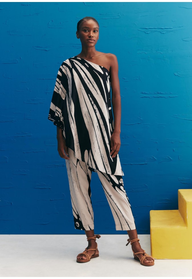 Túnica Assimétrica Manga Estampada Colombiana