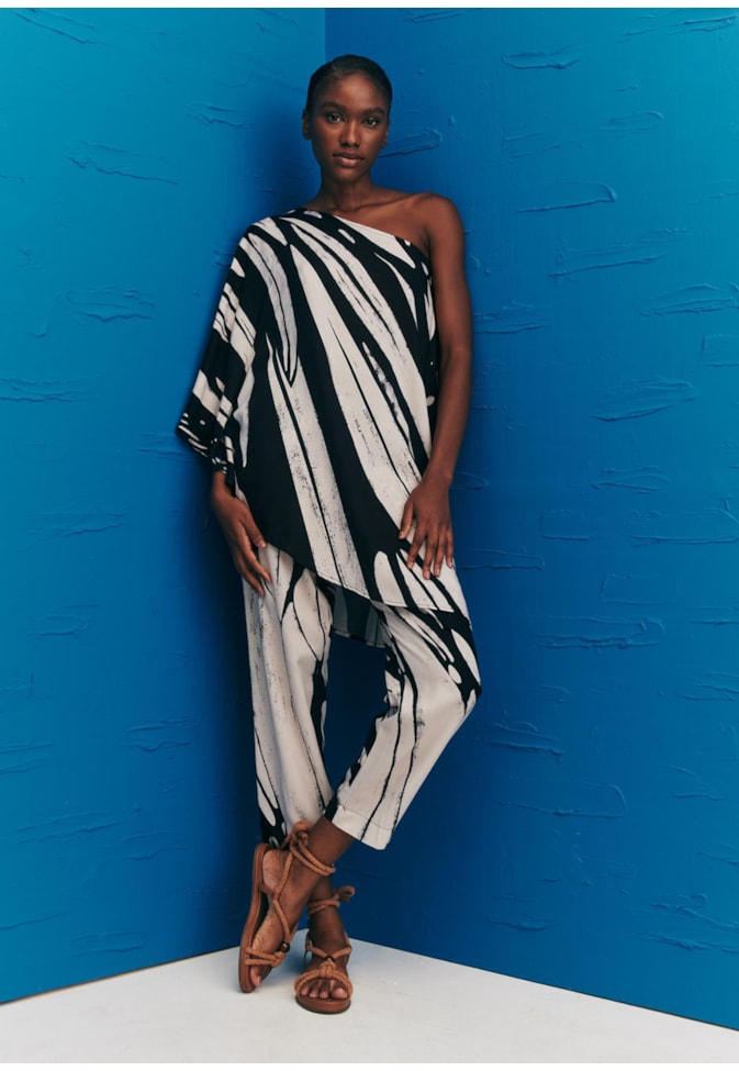 Túnica Assimétrica Manga Estampada Colombiana