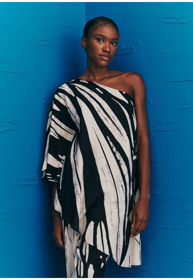 Túnica Assimétrica Manga Estampada Colombiana