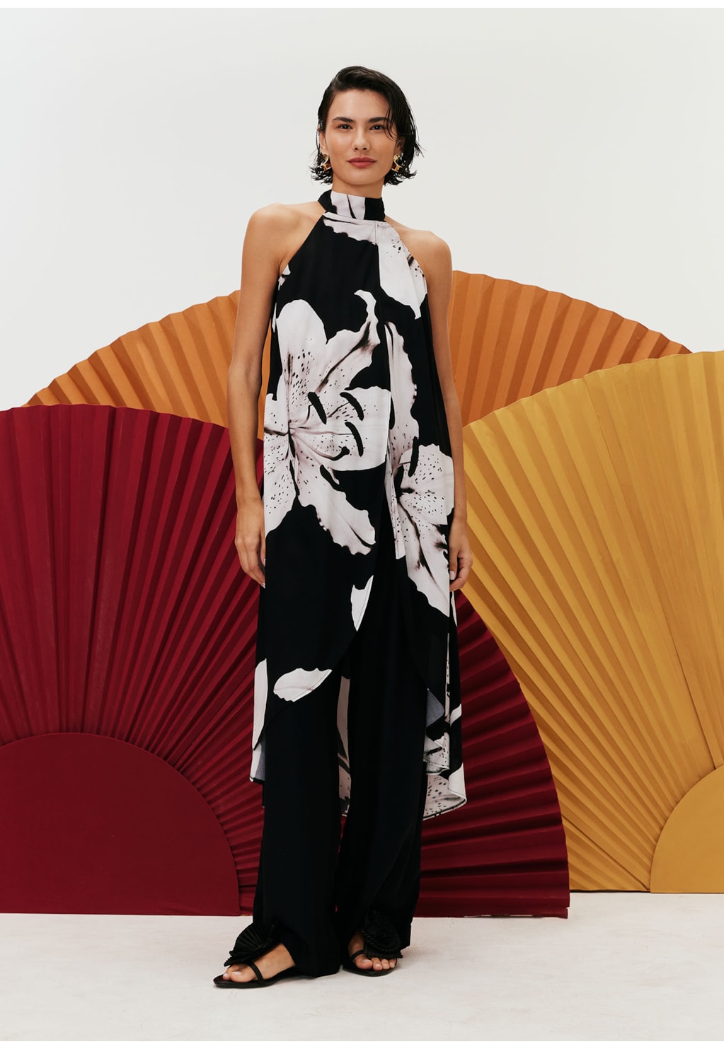 Túnica Gola Alta Transpassada Estampada Tango