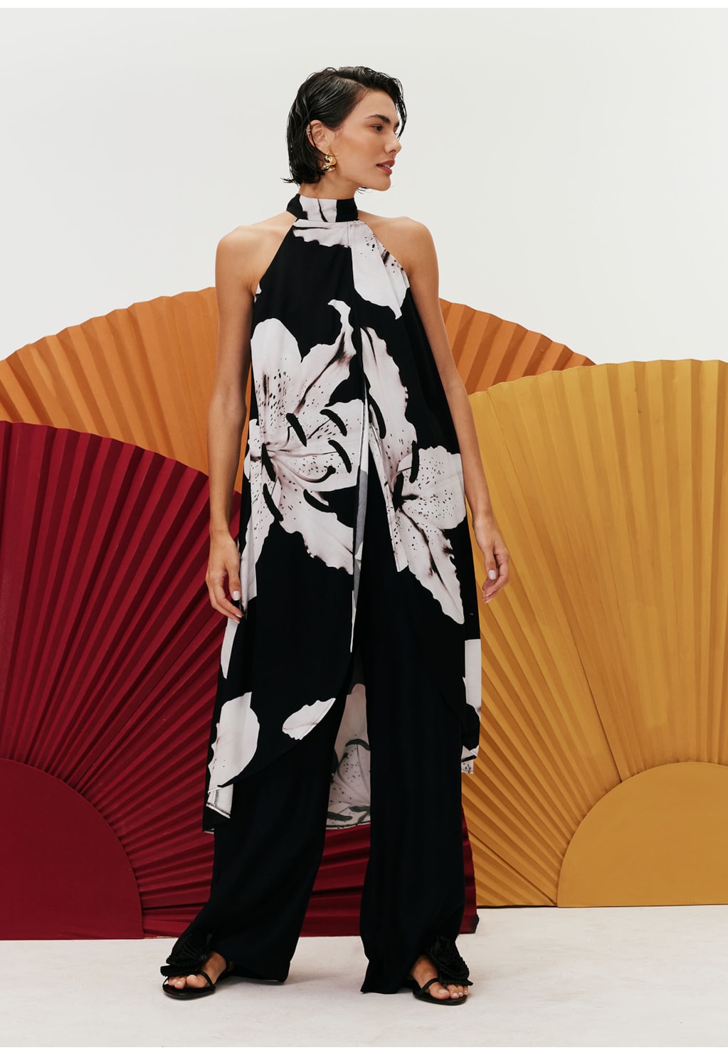 Túnica Gola Alta Transpassada Estampada Tango