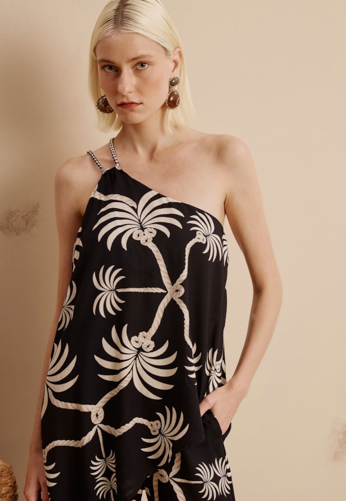 Veste Assimétrica Alça Corda Estampada Carnaúba