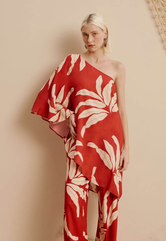 Veste Assimétrica Com Manga Estampada Tucumã Vista Frontal