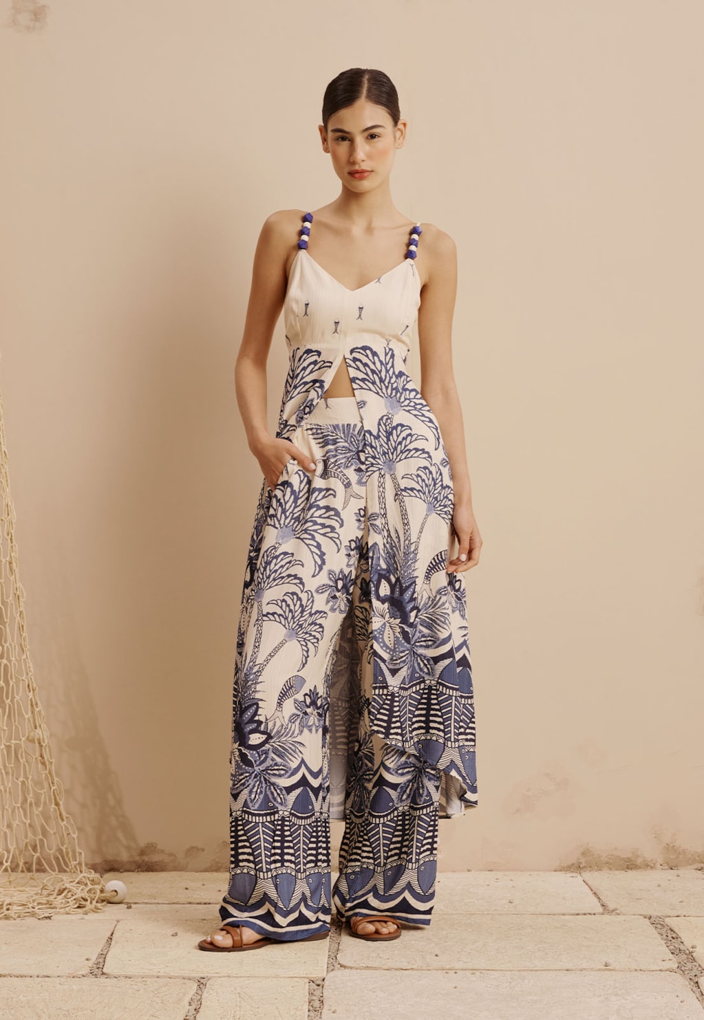 Veste Fenda Frontal Contas Estampada Pedra dos Peixes