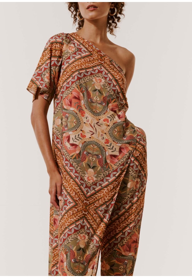 Veste Ombro Só Assimétrico Estampado Lenço Ipê