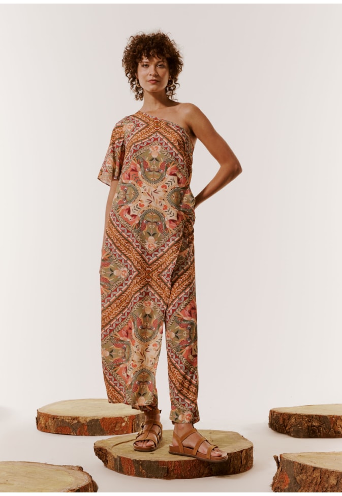 Veste Ombro Só Assimétrico Estampado Lenço Ipê