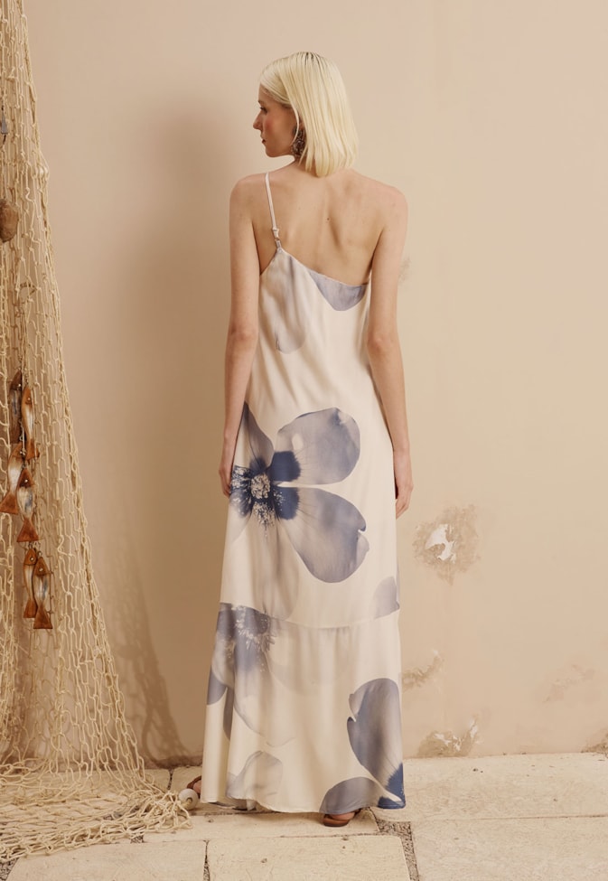 Veste Vestido Um Ombro Só Babados Estampado Iris