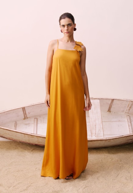 Vestido Alça Aplique Flor Vista Frontal