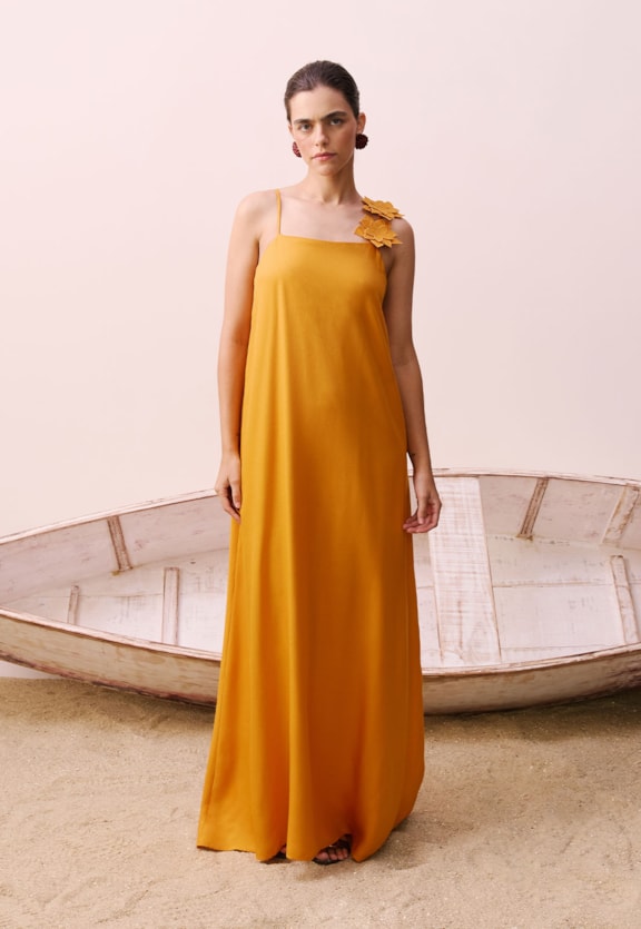 Vestido Alça Aplique Flor Vista Frontal