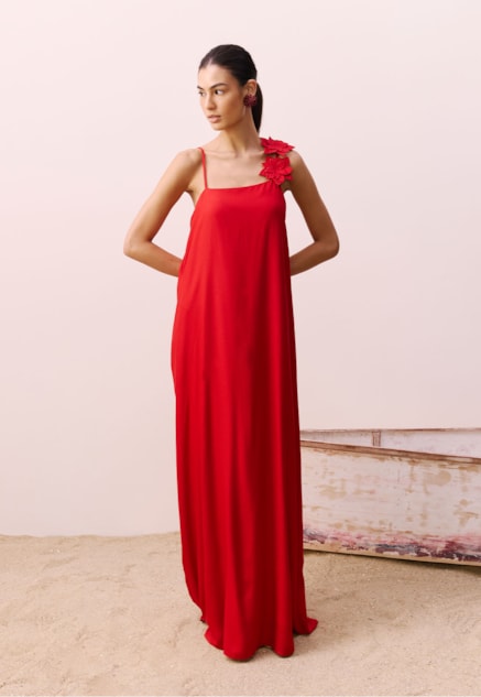 Vestido Alça Aplique Flor Vista Frontal
