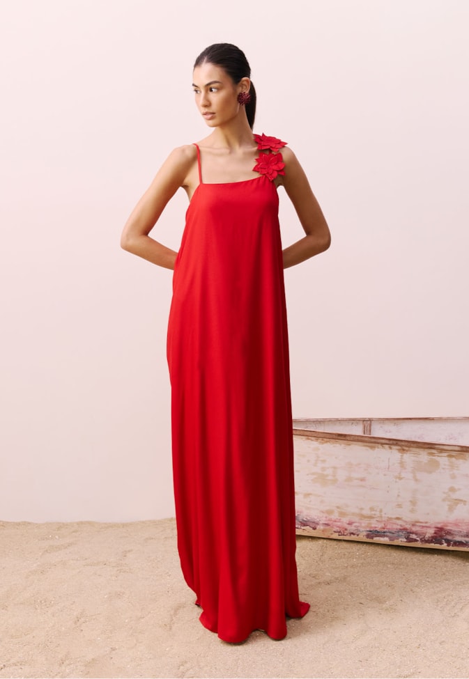 Vestido Alça Aplique Flor