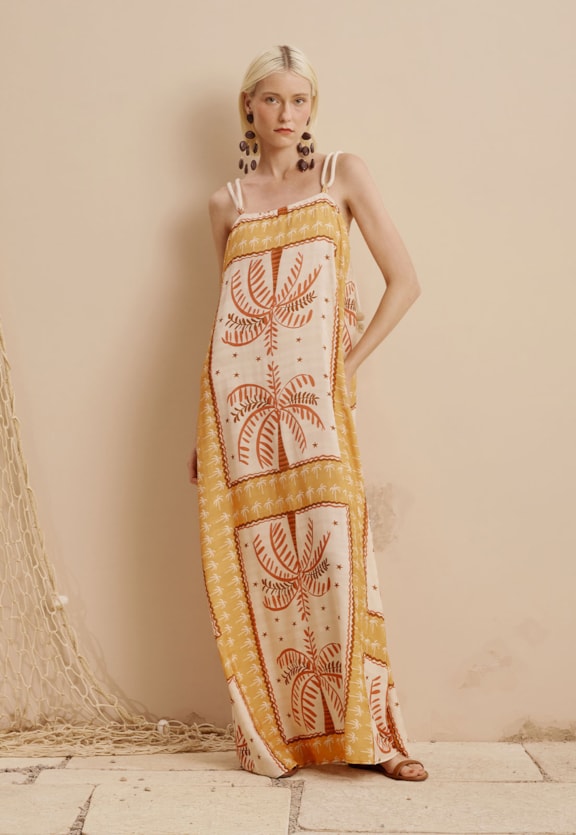 Vestido Alça Cordas Estampado Copaiba Vista Frontal
