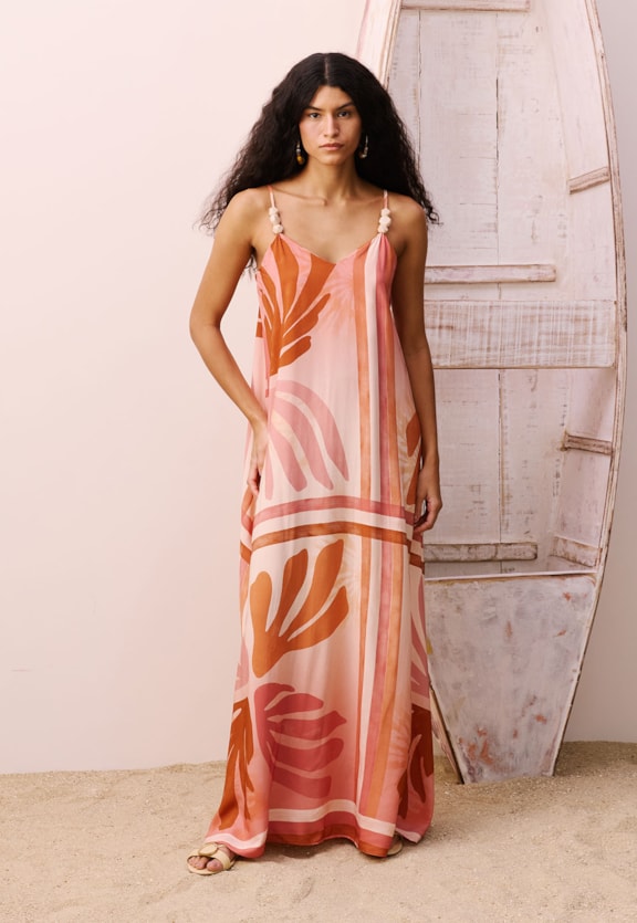Vestido Alças Ponteiras Trio Estampando Igarapés Vista Frontal