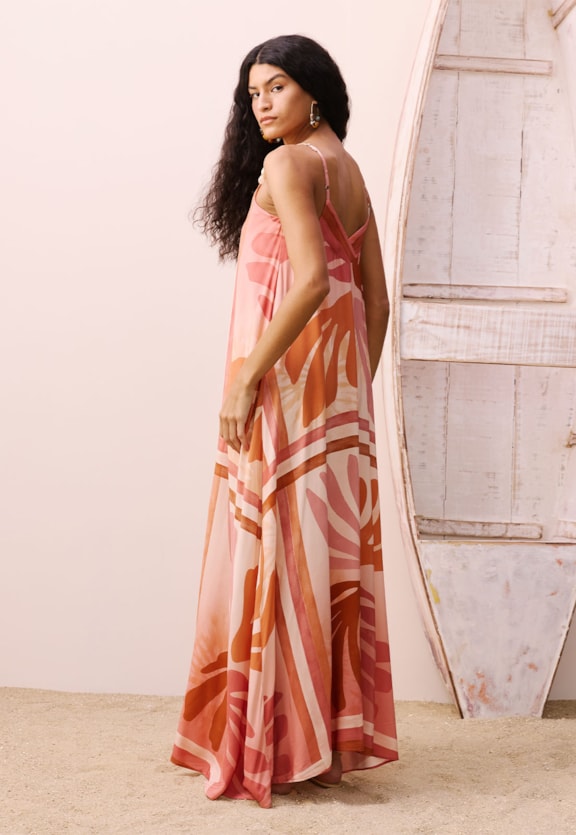 Vestido Alças Ponteiras Trio Estampando Igarapés Vista Traseira