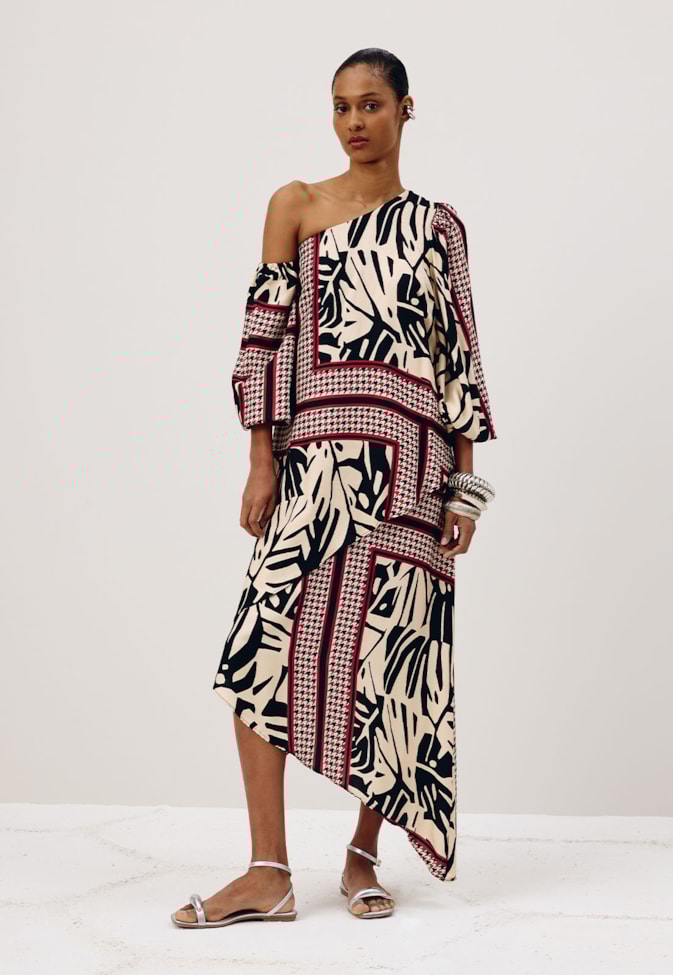 Vestido Assimétrico Pontas com Manga Estampado Costilla