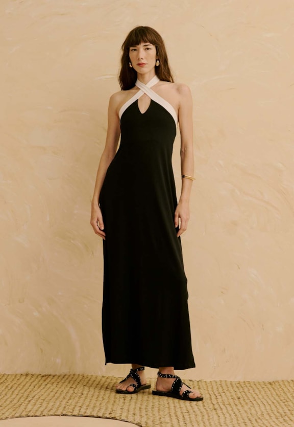 Vestido Bicolor com Decote Cruzado Vista Frontal