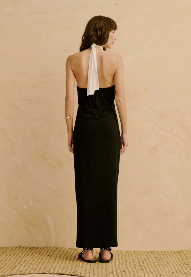 Vestido Bicolor com Decote Cruzado