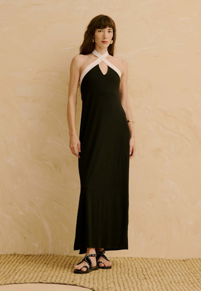 Vestido Bicolor com Decote Cruzado