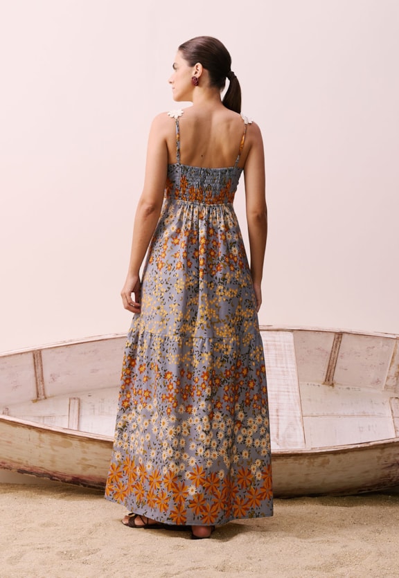 Vestido Camadas Estampado Jambú Vista Traseira