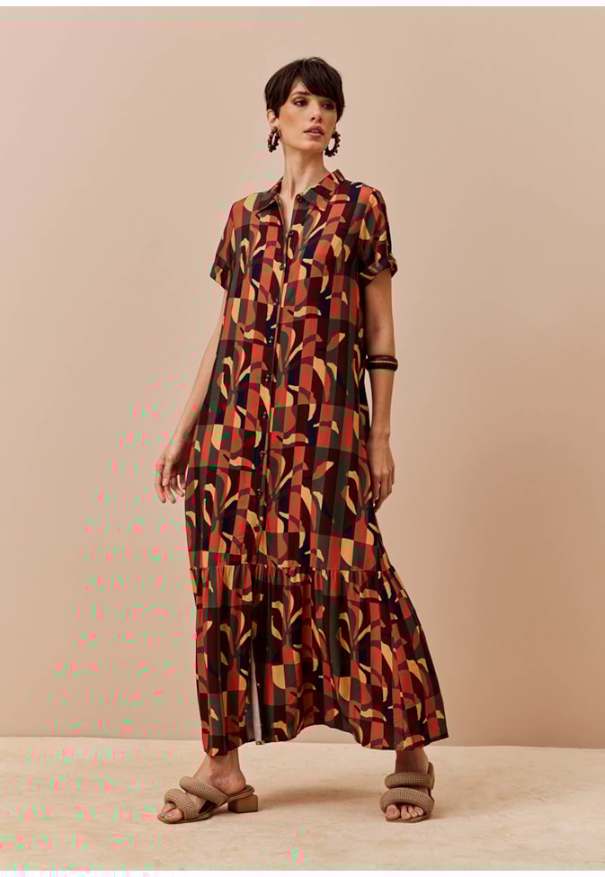 Vestido Chemise Babado Estampado Ayasana