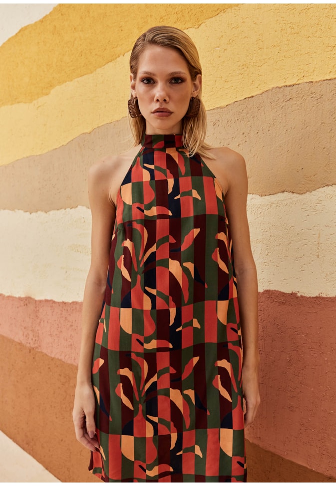 Vestido Curto Amarração Pescoço Estampado Ayasana