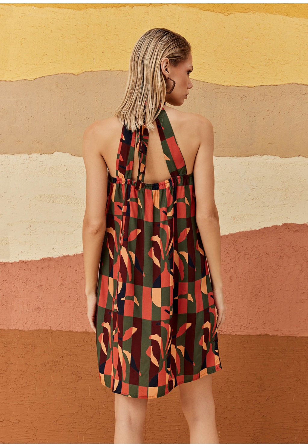 Vestido Curto Amarração Pescoço Estampado Ayasana