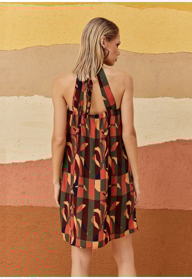 Vestido Curto Amarração Pescoço Estampado Ayasana