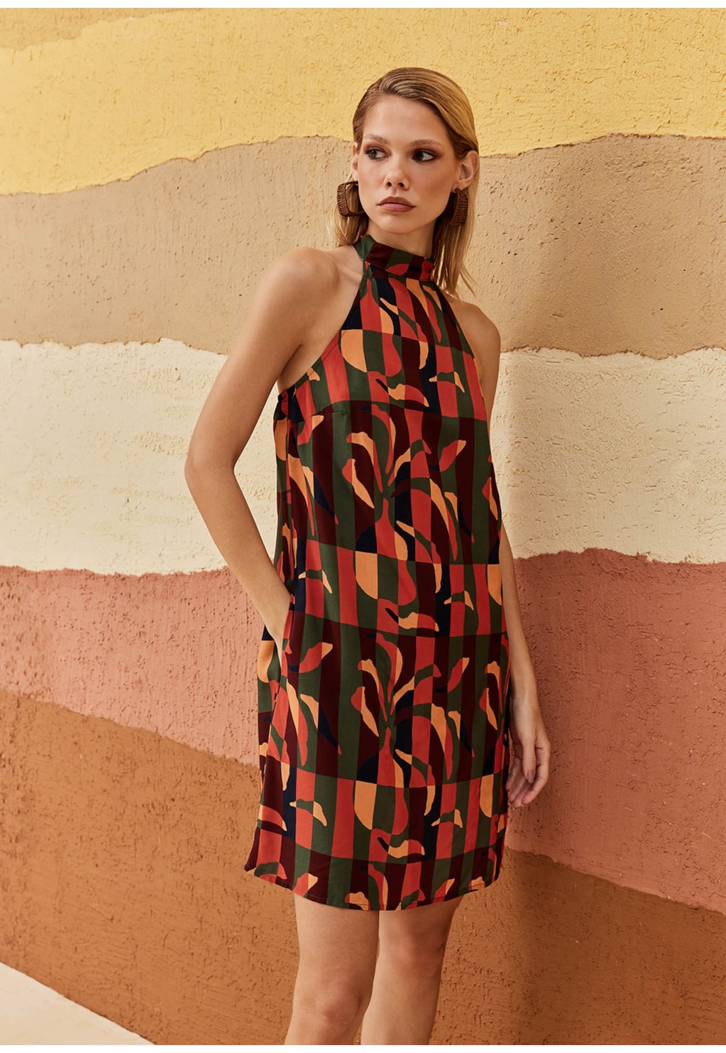 Vestido Curto Amarração Pescoço Estampado Ayasana