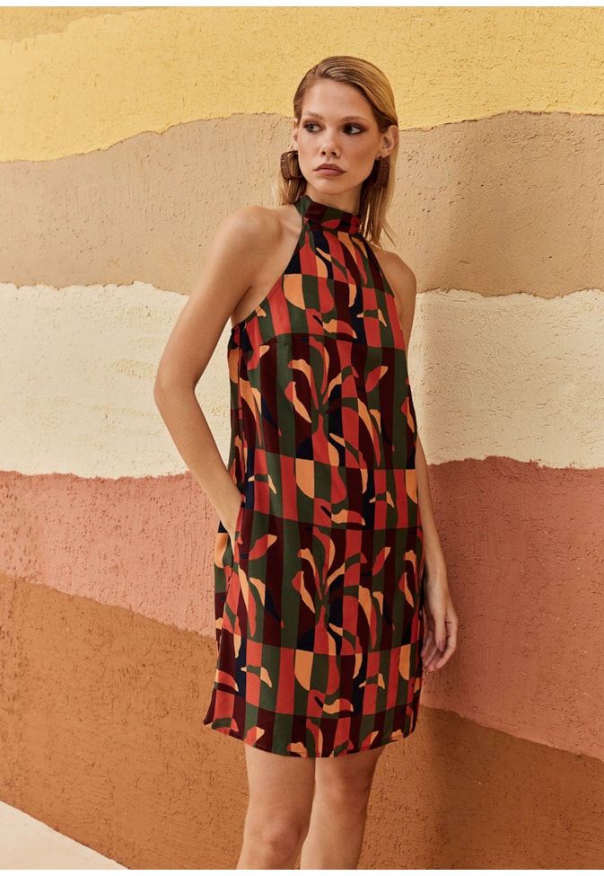 Vestido Curto Amarração Pescoço Estampado Ayasana