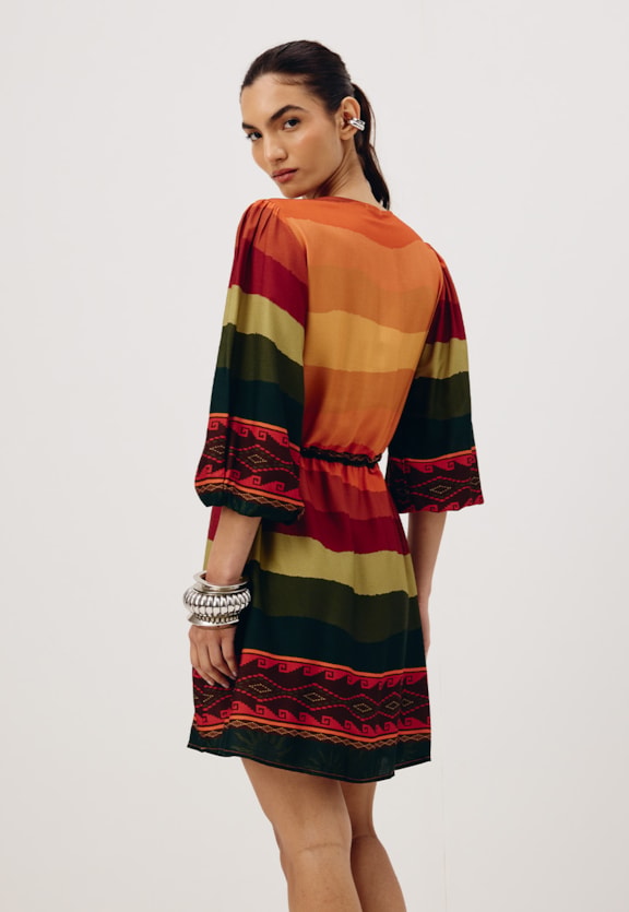 Vestido Curto Amarração Tassel Estampado La Rioja Vista Traseira