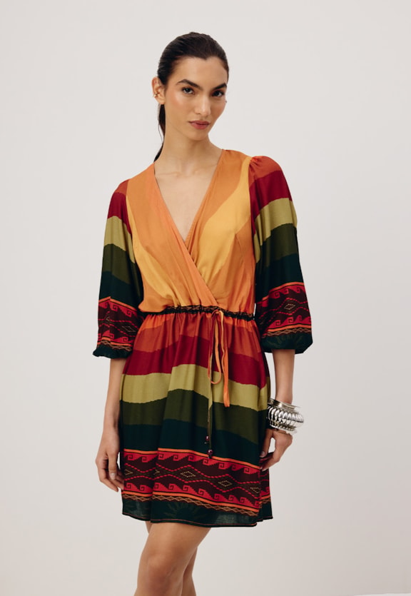 Vestido Curto Amarração Tassel Estampado La Rioja Vista Frontal