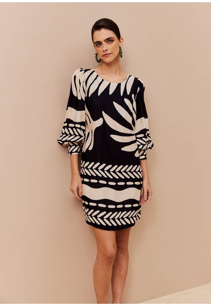 Vestido Curto Amplo Manga Longa Estampado Maipú