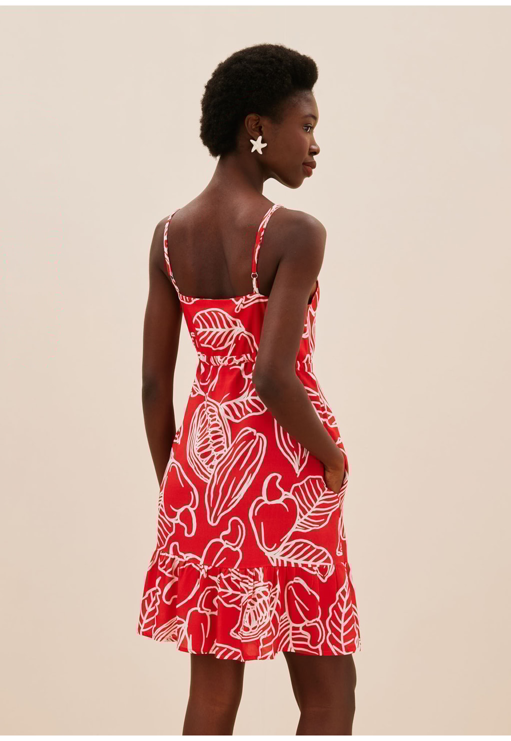 Vestido Curto Babado Estampado Frutos da Terra