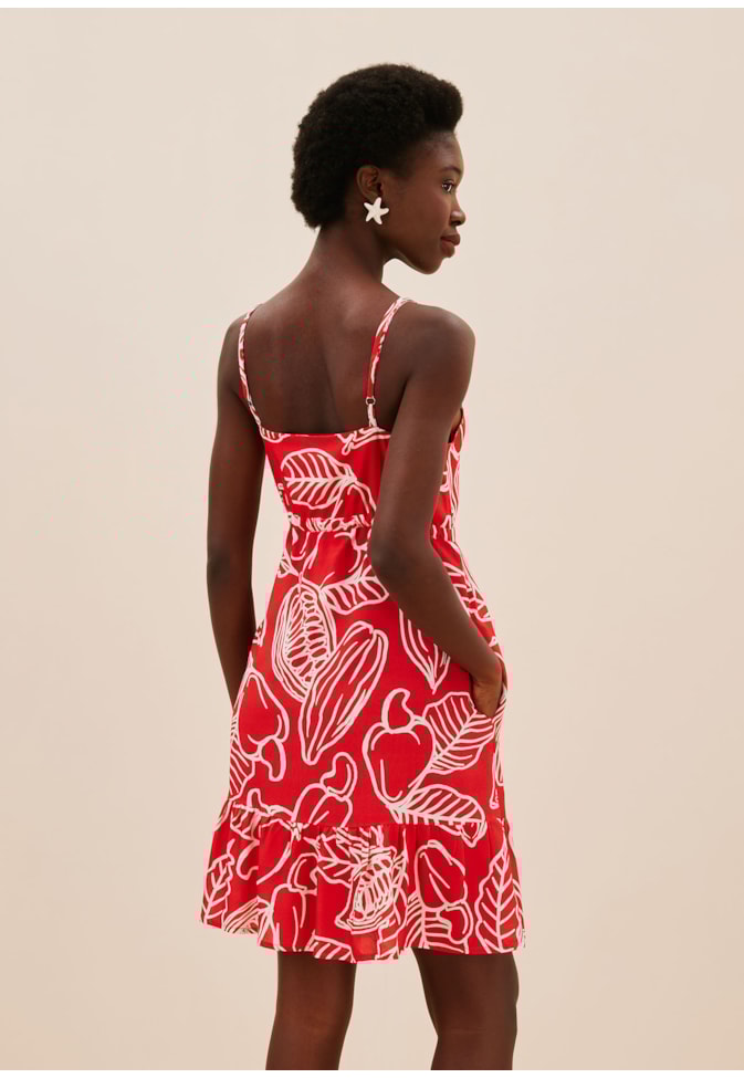 Vestido Curto Babado Estampado Frutos da Terra