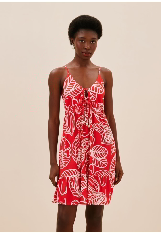 Vestido Curto Babado Estampado Frutos da Terra