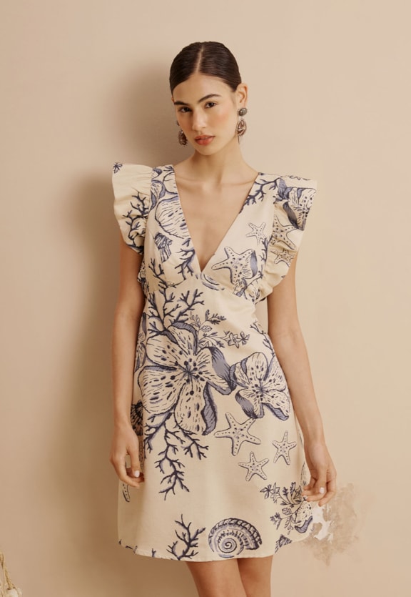 Vestido Curto Babado Estampado Murere Vista Frontal