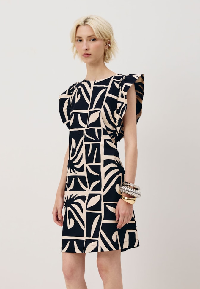 Vestido Curto Babados Estampado Reflexo