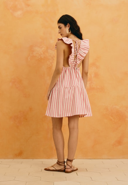 Vestido Curto Babados Listrado Vista Traseira