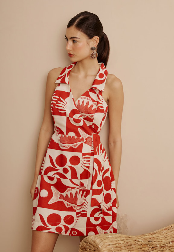 Vestido Curto Cachecouer Estampado Tucunaré Vista Frontal
