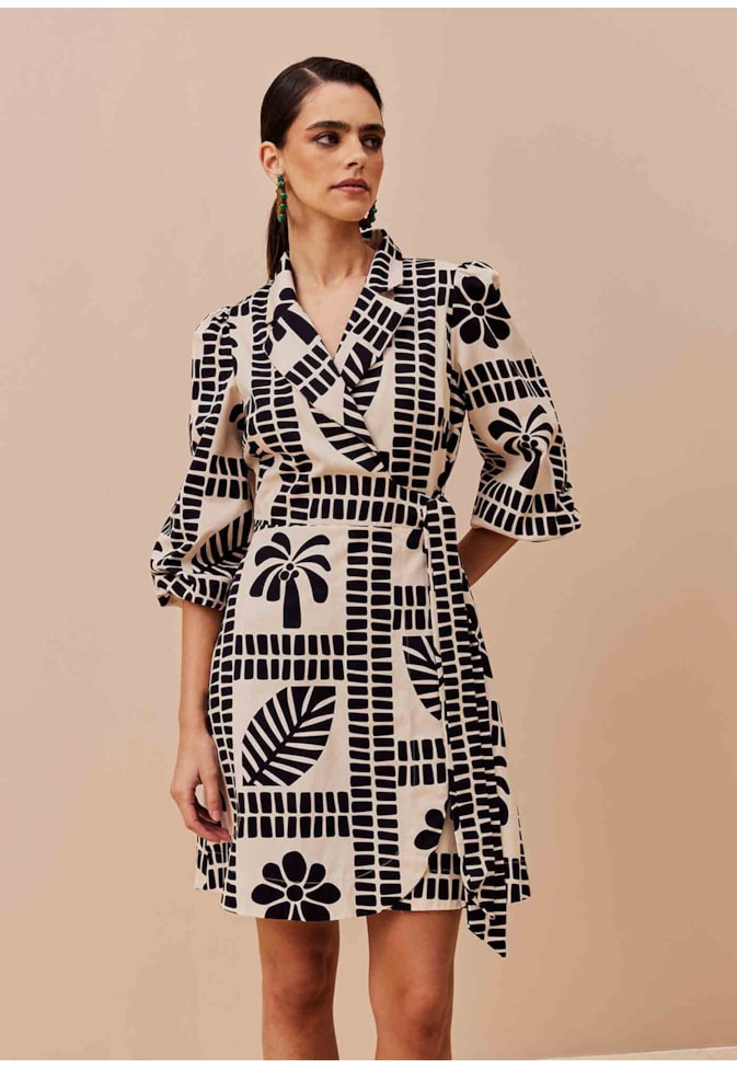 Vestido Curto Cachecouer Gola Alfaiataria Estampado Pucara