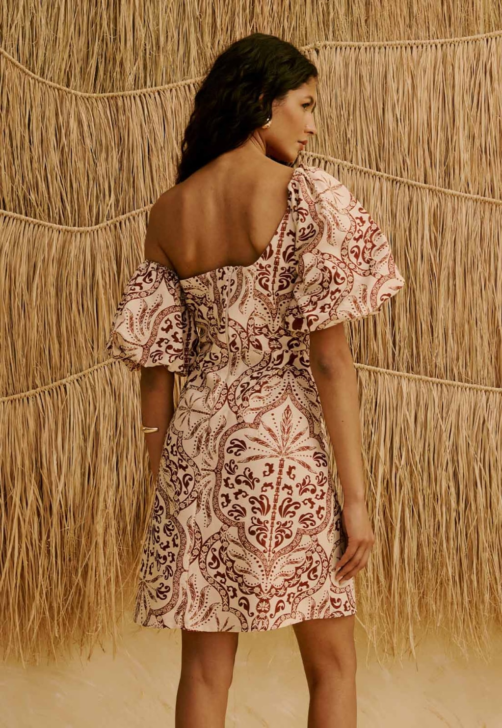 Vestido Curto com Manga Balone Estampado Palmas Del Sol