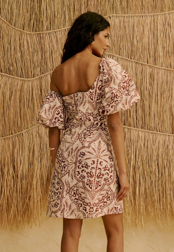 Vestido Curto com Manga Balone Estampado Palmas Del Sol Vista Traseira