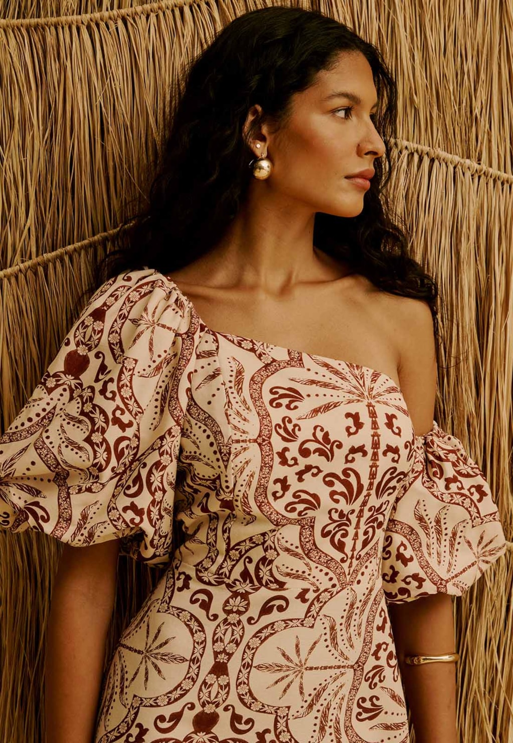 Vestido Curto com Manga Balone Estampado Palmas Del Sol