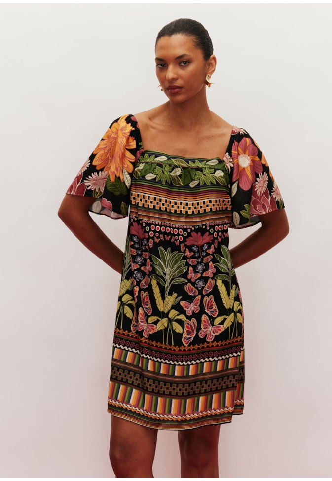 Vestido Curto Decote Quadrado Estampado Gafieira