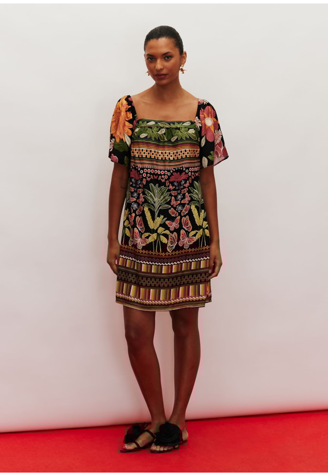 Vestido Curto Decote Quadrado Estampado Gafieira