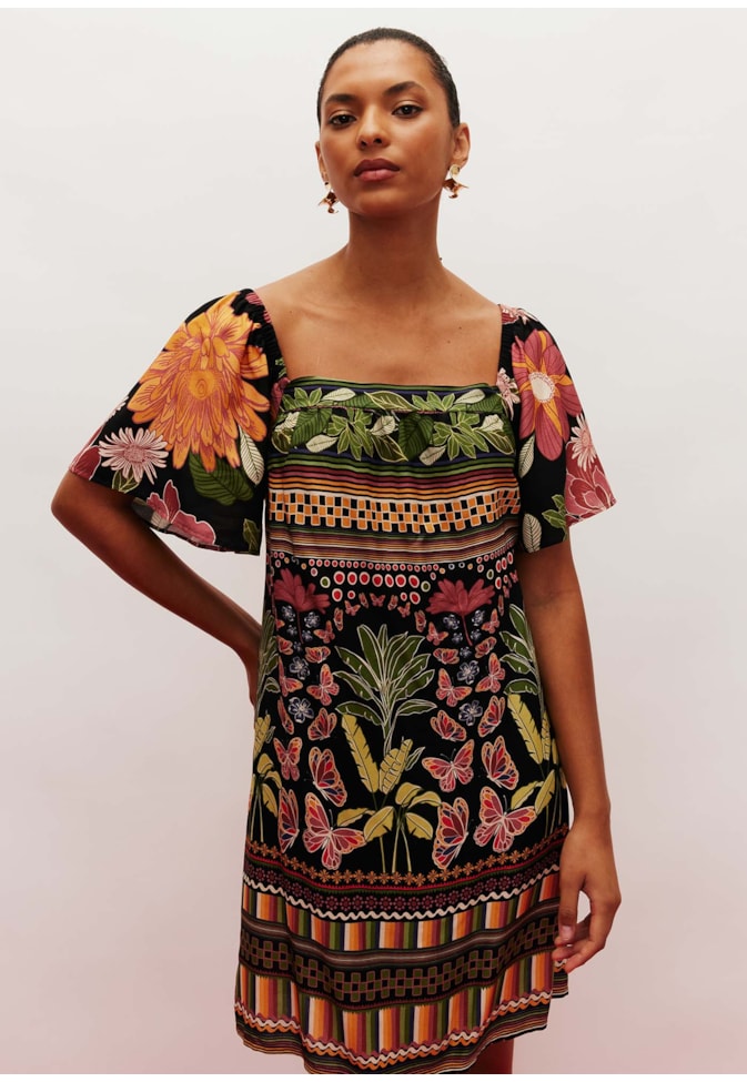 Vestido Curto Decote Quadrado Estampado Gafieira