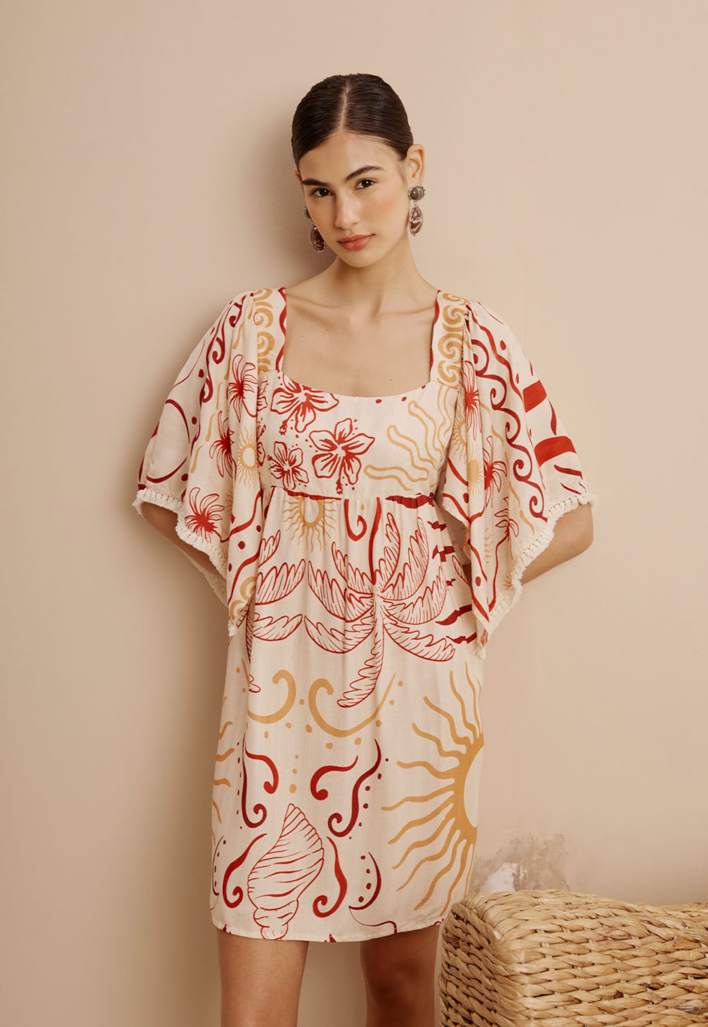 Vestido Curto Detalhe Franja Manga Estampado Marahu