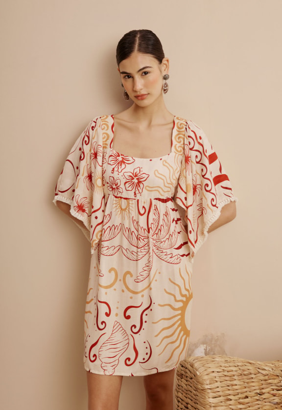 Vestido Curto Detalhe Franja Manga Estampado Marahu Vista Frontal