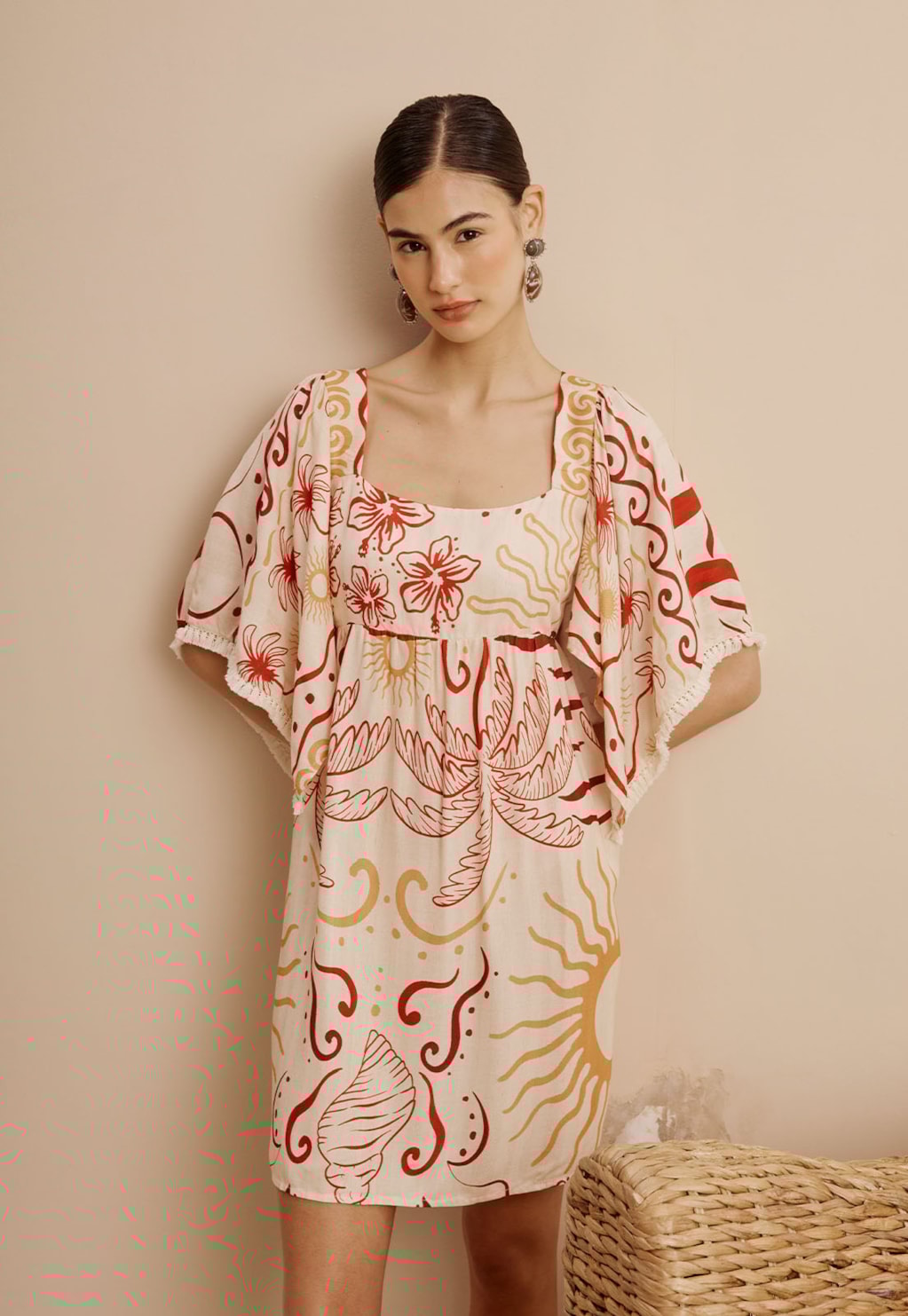 Vestido Curto Detalhe Franja Manga Estampado Marahu