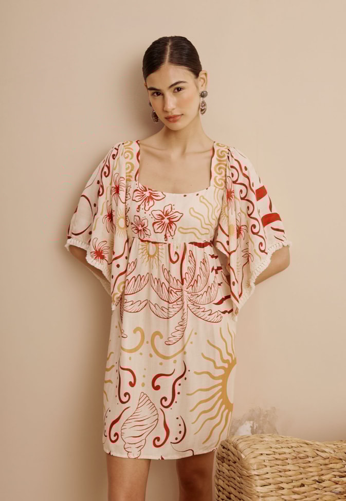 Vestido Curto Detalhe Franja Manga Estampado Marahu